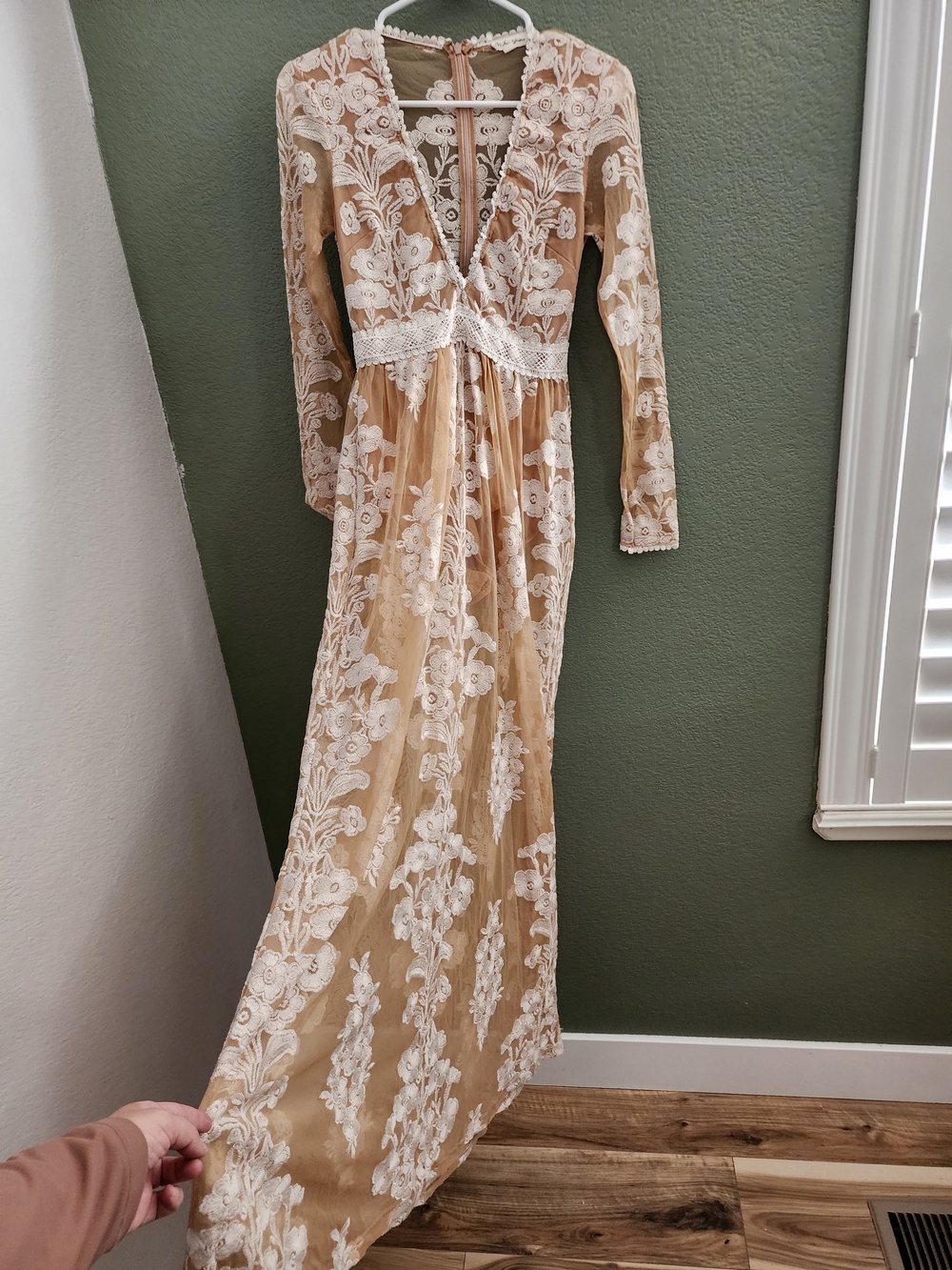 Long Sleeve Lace Overlay Maxi Dress in Beige and Ivory